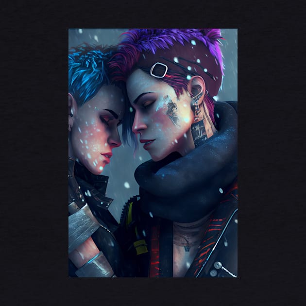 Futuristic Cyberpunk Lesbian Lovers Embrace in Emotional Portrait by Cyber Punks AI